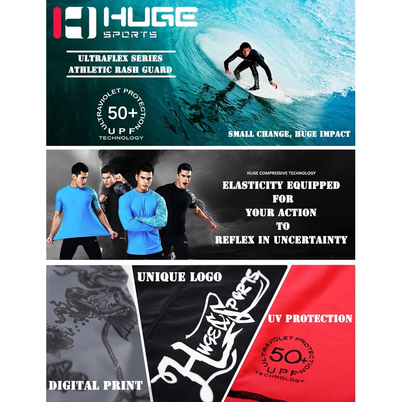 HUGE SPORTS Men's Splice Sun Protection Rash Guard Short Sleeves(Blue