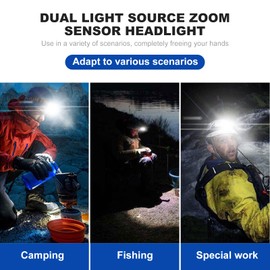 PINSAI LED Zoomable Headlamp, Power Display Rechargeable Head Lamp, Motion Sensor Work Headlight, Head Lights for Forehead, for Adults, Running, Camping, Fishing, Hiking