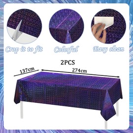 2pcs 137x274cm Purple Tablecloth for Purple Party Decorations,Plastic Holographic Table Cloths Foil Table Cover Metallic Disco Tablecloth for Outdoor Picnic,Birthday,Christmas Party Decorations