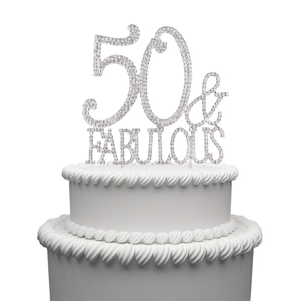 Hatcher lee Bling Crystal Fabulous and 50 Birthday Cake Topper - Best Keepsake | 50th Party Decorations Silver