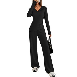 ZESICA Women's 2 Piece Lounge Sets Fall Long Sleeve Cowl Neck Asymmetrical Top Wide Leg Pants Matching Set 2025 Outfits,Black,Medium