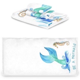 Naanle Maic Mermaids Tail Sea Horse Soft Luxury Decorative Set of 3 Towels, 1 Bath Towel+1 Hand Towel+1 Washcloth, Multipurpose for Bathroom, Hotel, Gym, Spa and Beach(White Blue)