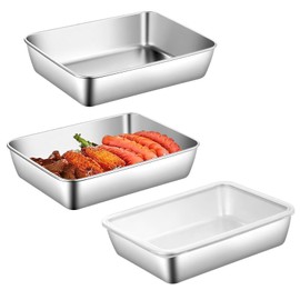 HENGBIRD Baking Tray, Oven Tray, Breading Bowls Set, 3-Piece Breading Tray with Lid, Stainless Steel Bowl, Rectangular, Bowl for Breading 25 x 19 x 5 cm, Large Casserole Dish, Dishwasher Safe
