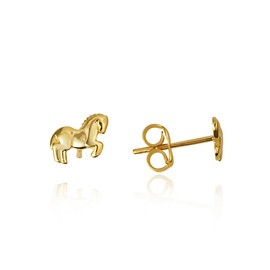 Horse Stud Earrings Real Solid 14K Yellow Gold