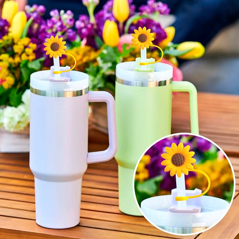 Joez Wonderful 2pcs Sunflower Straw Toppers 10mm, Reusable Silicone Straw