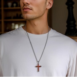 GTMJ Wooden Cross Necklace for Men -Stainless Steel & Bubinga Adjustable Box Chain 24-26in, Spiritual Jewelry Gift for Him, Everyday Wear