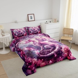 Manfei Dragon Kids Comforter Set Twin Size,Tale Castle Dragon Theme Bedding Set,Girls Boys Room Decor,Roses Flowers Butterfly Romantic Down Comforter,Pink Dreamy Duvet Insert,1 Pillowcase