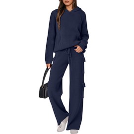 ANRABESS ANRABESS Women's Two Piece Outfits Casual Knit Hooded Sweater Straight Leg Pants Set 2025 Fall Lounge Travel Clothes Navy Blue Large