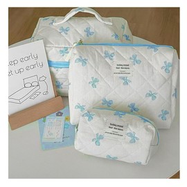 Hualinsyi cute makeup bag Set，Kawaii Makeup Bow Bag of 3， Bow bag Zipper Handle Aesthetic Travel Cotton Quilted Cosmetic Bag Set For Women (blue)