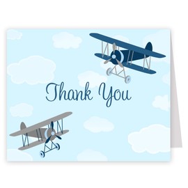 The Invite Lady Airplane Thank You Cards Baby Shower Birthday Little Pilot Baby Boy Vintage Fly Retro Up Up and Away Navy Blue Biplane Folding Thank You Notes Thanks (24 count)