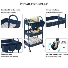 danpinera 3-Tier Rolling Cart, Metal Rolling Storage Cart with Lockable Wheels & Hanging Cups & Hooks, Mobile Trolley Cart for Kitchen, Bathroom, Office, Workshop, Dark Blue