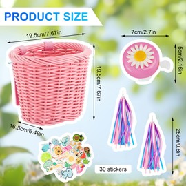 Children's Bicycle Basket, Braided Bicycle Basket, Front Children, Bicycle Basket for Children and Girls, Front, Removable Bicycle Basket, with Bells, Streamers, Bicycle Bell, Sticker (Pink)