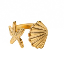 Bohemian Style Starfish Shell Opening Adjustable Finger Ring for Women Gold Plated Stainless Steel Jewelry Summer Beach Ocean Series Party Music Festival Creative Ring Decoration Gold