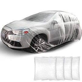 Universal Plastic Car Cover Waterproof Dustproof Full Exterior Covers 12.5 x 21.7ft Disposable Full Car Cover with Elastic Band Clear Car Protector for Sedan Outdoor Snow Rain Weather (4 Pcs)
