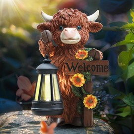 FQIIL Solar Highland Cow Garden Decor - Outdoor Waterproof Resin Statues with LED Lights, Solar Patio Figurines for Yard & Lawn (1-Pack, Auto On/Off)