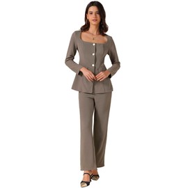 Allegra K Women's 2 Piece Outfits Square Neck Blouse and Long Pants Elegant Business Sets Small Dark Khaki