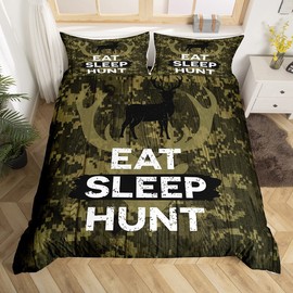 Hunting Green Camouflage Bedding Set Single Size, Eat Sleep Hunt Print Duvet Cover for Children Boys Bed Comforter Set, Retro Deer Silhouette Antlers Bedding Quilt Cover Set Decorative 2 Pieces