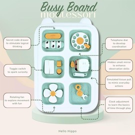 HELLO HIPPO Montessori Busy Board – Activity Board 22x15cm with Lock, Switch, Phone & Clock | Educational Sensory Toys for Toddlers 1-3 Years