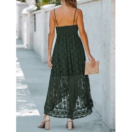 CUPSHE Women's Summer Dresses Sleeveless Lace Casual Tassel Beach Spaghetti Straps Flowy Maxi Sun Dress Dark Green, L