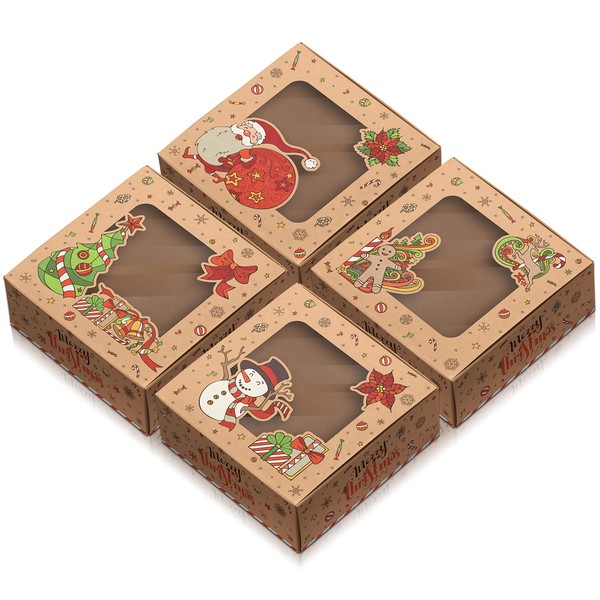 Christmas Cookie Boxes With Window and Lid - 12 Piece Bakery Boxes for Gift Box, Christmas Gifts, Cookies and Other Treat for Gift Giving Images of Santa, Christmas Tree, Gingerbread Man & Snowman