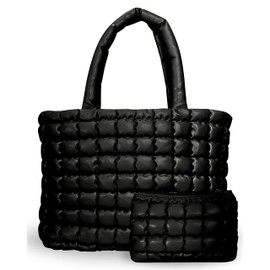 Citrusy Boutique The Cloud Tote Bag Set | Puffer Tote Bag with Insert Pouch | Quilted Tote Bag for Women | Trendy Padded Shoulder Puffy Bag (Black)