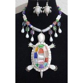 Claire Kern Creations Big Mother of Pearl Gemstone Turtle Pendant Handmade Necklace Earrings