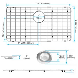 iPEGTOP Sink Bottom Grid, Stainless Steel Sink Protector 28-7/8" x 14-3/8" Rear Drain Hole with Corner Radius, Sink Grate Sink Rack for Bottom of Kitchen Sink Single Sink Bowl with Sink Hole Cover