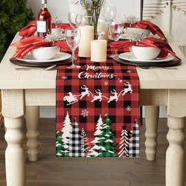 Bonhause Buffalo Plaid Christmas Trees Table Runner, Red and Black Buffalo Check Reindeer Table Runner for Kitchen Home Decor, 13x90 Inch Winter Snowflakes Xmas Trees Table Decor
