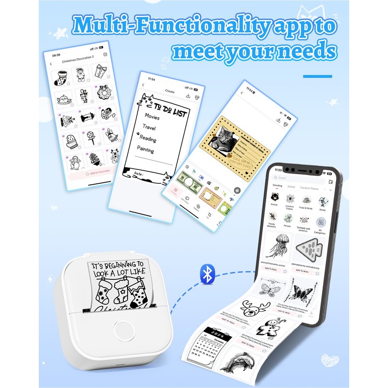 Memoqueen T02 Sticker Printer with 3 Rolls Paper, Portable Thermal