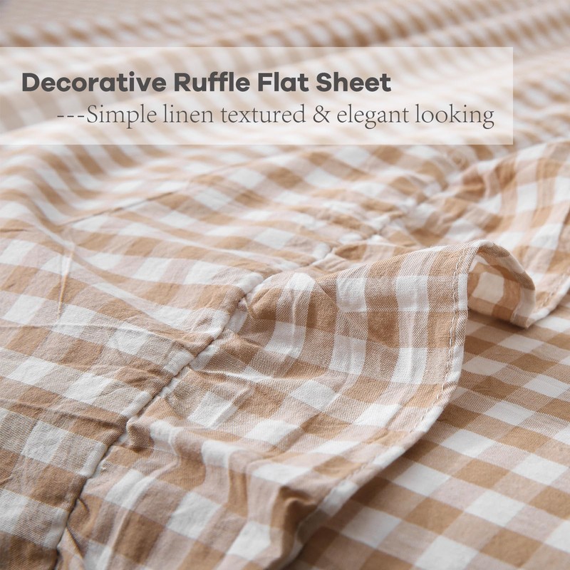 K MASANIJI Taupe White Plaid Ruffle Sheets Twin Size 4-Piece