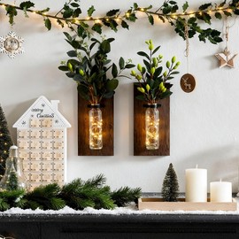 Heiple 2 Pack Wood Glass Wall Sconces, Farmhouse Planters for Indoor Plants, Rustic Decor for Living Room, Hanging Vase (Brown)