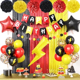 Cartoon Monster Birthday Decoration,Red Black Yellow Party Supplies,Include Cartoon Balloons Happy Birthday Banner Fringe Curtain Tissue Paper Pompoms Garland