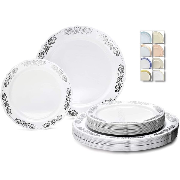 " OCCASIONS" 50 Plates Pack (25 Guests)-Vintage Wedding Party Disposable Plastic Plate Set -25 x 10.25'' Dinner + 25 x 7.5'' Salad/Dessert plates (Portofino White & Silver)
