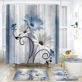 4-Piece Blue Daisy Flowers Waterproof Blackout Polyester Shower Curtain Set with 12-Piece Hooks 71x71in Bathroom Decorcolor: Light Blue, length: 71in, width: 71in