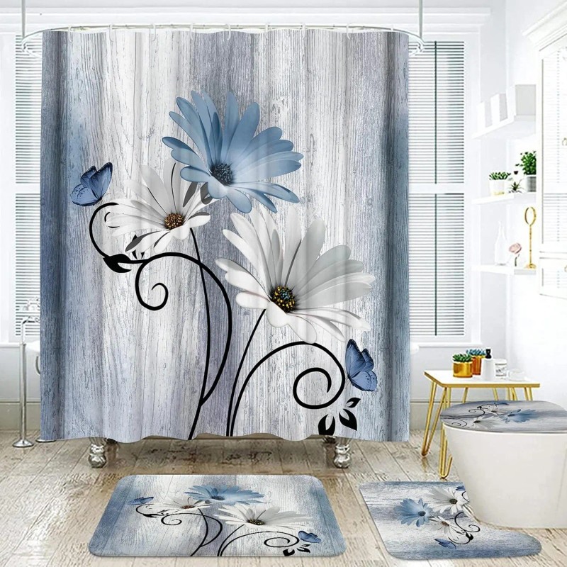 4-Piece Blue Daisy Flowers Waterproof Blackout Polyester Shower Curtain Set