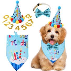 Weewooday Dog Birthday Party Supplies Birthday Boy Girl Cake Bandana Triangle Scarf Party Hat Dog Bow Tie Collar with Numbers for Large Medium Small Dog Puppy 1st Birthday(Cute Style,Medium)