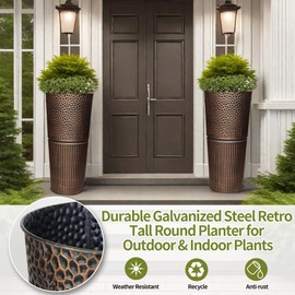 2 Pcs Pack 22 Inches Metal Tall Tapered Planter Pots Large Round Planter Flower Pot with Drainage Holes for Indoor Outdoor Deck Porch Garden Home Patio Front Door (Antique Copper, S)
