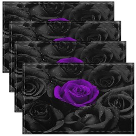Rose Placemats Set of 4 Black Purple Rose Floral Flower Placemat Kitchen Dining Table Decor Indoor Outdoor 45X30cm Garden Flower Table Place Mats Decor Romantic Valentine's Day