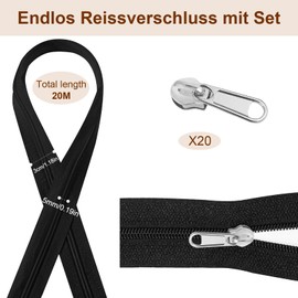 Sinofort Continuous Zip with Zipper, 20 m Continuous Zip, 3 cm Wide Continuous Zip for Bed Linen, Clothing Bag, Sold by the Metre, White Nylon Zip, Endless, 20 Metal Sliders