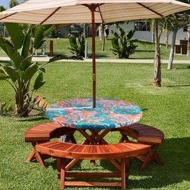 youngseahome Round Outdoor Tablecloth with Umbrella Hole-Waterproof Fitted Table Cover with Elastic Zippered Wipeable Tablecloth,Fits 36"-44" Diameter for Picnic,Patio,Garden(Colorful Leave)