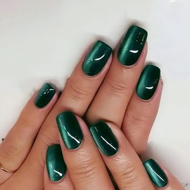 Dark Green Press on Nails Short Square Fake Nails Glossy Cat Eye Acrylic False Nails Press ons with Gradient Design Shiny Green Glue on Artificial Nails for Women Manicure 24Pcs