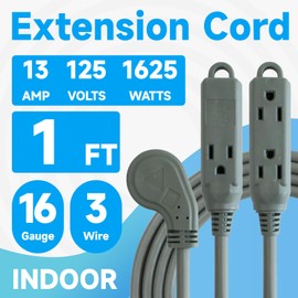GREATIDE 1 Ft Flat Plug Extension Cord，16/3 SJT Indoor Low Profile 3 Outlets Extension Cable with 45° Angled Flat Plug, Multiple Outlets Short Extension Cord, Grey