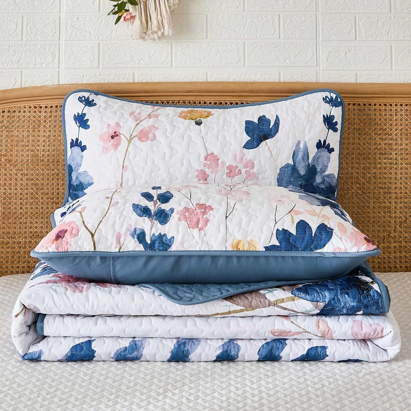 Anibedding Dark Blue Quilt Set Full Size, Floral Bedspread Soft