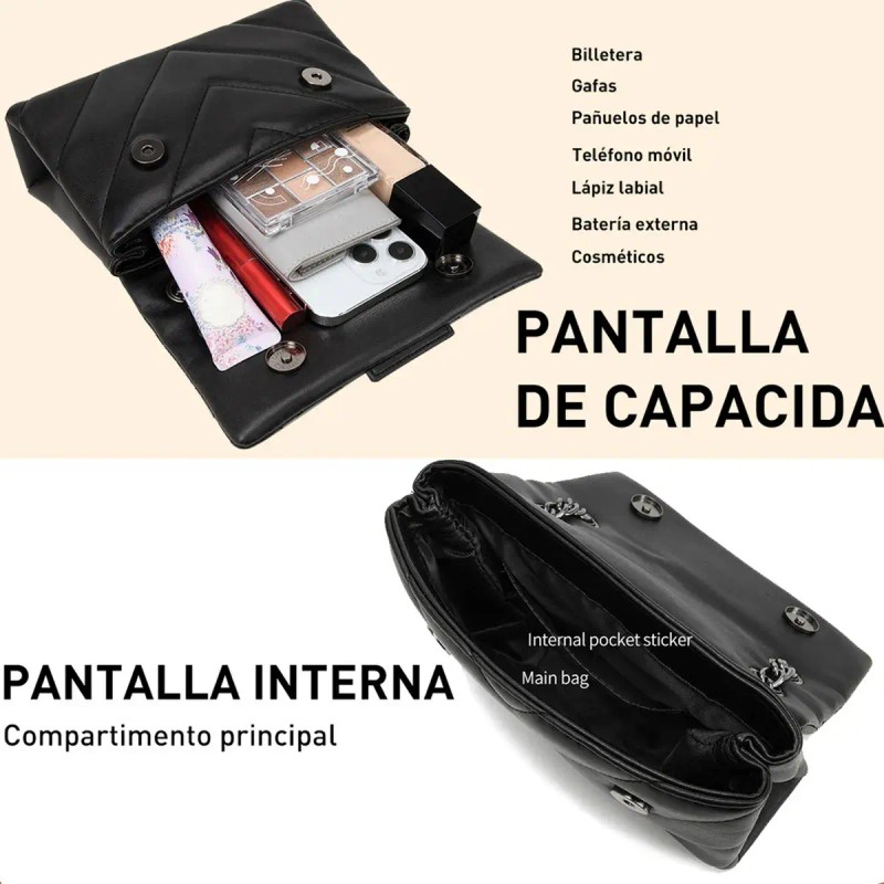 Bolso De Mujer De Cuero Negro Con Correa De Cadena