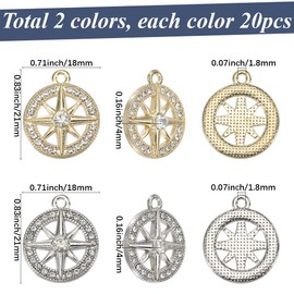 SUNNYCLUE 1 Box 40Pcs Small Metal Compass Charm Round Rhinestone Charms Bulk Gold Silver Alloy Hexagram Compasses Shaped Crystal Charm for Jewelry Making Pendants Bracelets Earrings DIY Crafts