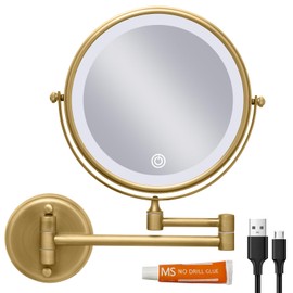 LEDOOLE Wall Mounted Lighted 8 Inches Rechargeable Double-Sided 1X/10X Magnifying Mirror for Makeup, 3 Colors Led, Touch Dimmable, Memory Function, 360 Rotation, Foldable, Brushed Antique Brass Finish