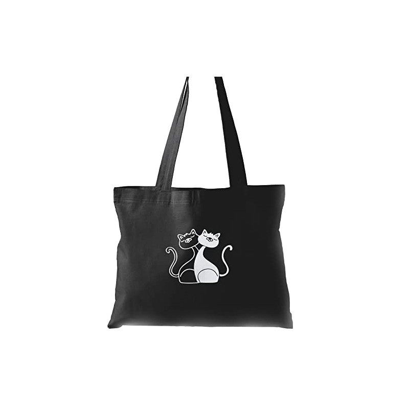 Cute Cat Tote Bag Black, Silver Metallic Print, Cat Gifts
