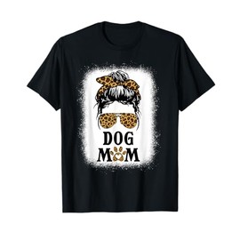 Fun Dog Mom Leopard Paw Print Dog Lover Owner Messy Bun Mama T-Shirt