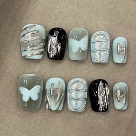 30Pcs Blue Butterfly Press on Nails Short Square Fake Nails with Silver Chrome Design Y2k Stick on Nails Full Cover Handmade Glue on Nails Shine Acrylic Nails Reusable Artificial False Nails for Women