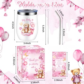 Hoolerry 6 Set Baby Shower Gifts for Game Prizes 12 oz Insulated Stainless Steel Tumbler Cup with Lids,Straws,Cleaning Brush,Cards & Gift Boxes Return Gifts for Guests Wedding Favors(Pink,Pink Bear)
